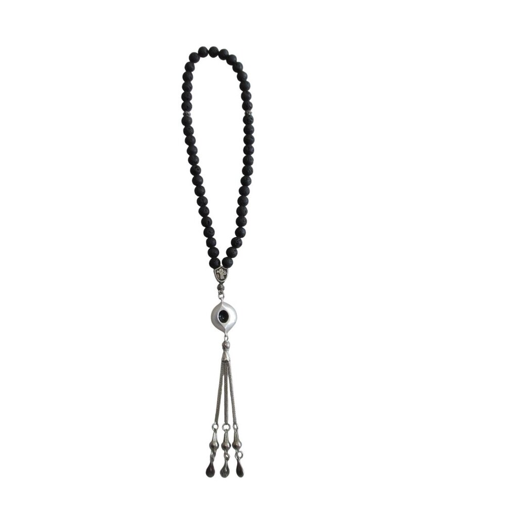 Handcrafted Rosary Tasbih Black Lava Bead  Silver-Tone Accents Prayer Beads